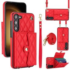 Custodia per telefono in pelle a portafoglio orizzontale rombica a tracolla per Samsung Galaxy S23 5G (rossa)