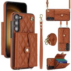 Custodia per telefono in pelle a portafoglio orizzontale rombica a tracolla per Samsung Galaxy S23 5G (marrone)