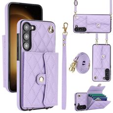 Custodia per telefono in pelle a portafoglio orizzontale rombica a tracolla per Samsung Galaxy S23 5G (viola)