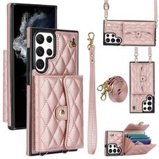 Custodia per telefono in pelle a portafoglio orizzontale rombica a tracolla per Samsung Galaxy S22 Ultra 5G (oro rosa)
