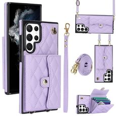 Custodia per telefono in pelle a portafoglio orizzontale rombica a tracolla per Samsung Galaxy S22 Ultra 5G (viola)