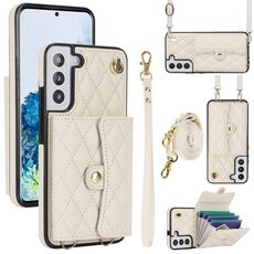 Custodia per telefono in pelle a portafoglio orizzontale rombica a tracolla per Samsung Galaxy S22+ 5G (bianca)