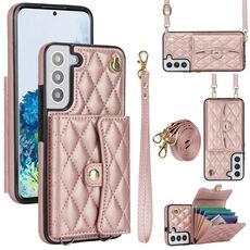 Custodia per telefono in pelle a portafoglio orizzontale rombica a tracolla per Samsung Galaxy S22+ 5G (oro rosa)