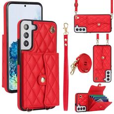 Custodia per telefono in pelle a portafoglio orizzontale rombica a tracolla per Samsung Galaxy S22 5G (rossa)