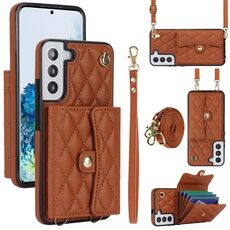 Custodia per telefono in pelle a portafoglio orizzontale rombica a tracolla per Samsung Galaxy S22 5G (marrone)