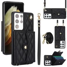 Custodia per telefono in pelle a portafoglio orizzontale rombica a tracolla per Samsung Galaxy S21 Ultra 5G (nera)