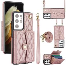 Custodia per telefono in pelle a portafoglio orizzontale rombica a tracolla per Samsung Galaxy S21 Ultra 5G (oro rosa)