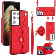 Custodia per telefono in pelle a portafoglio orizzontale rombica a tracolla per Samsung Galaxy S21 Ultra 5G (rossa)