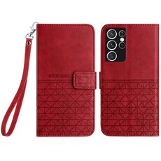 Custodia per telefono in pelle con trama rombica per Samsung Galaxy S21 Ultra 5G con cordino (rosso)