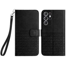 Custodia per telefono in pelle con trama rombica per Samsung Galaxy S21 Ultra 5G con cordino (nero)