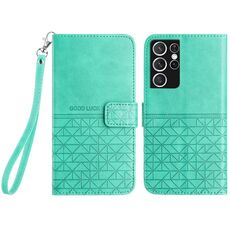 Custodia per telefono in pelle con trama rombica per Samsung Galaxy S21 Ultra 5G con cordino (verde)