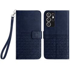 Custodia per telefono in pelle con trama rombica per Samsung Galaxy S21 Ultra 5G con cordino (blu)