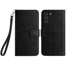 Custodia per telefono in pelle con trama rombica per Samsung Galaxy S22 5G con cordino (nero)