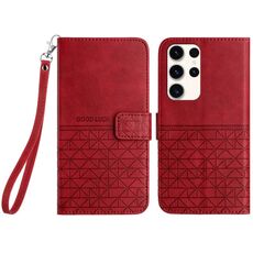 Custodia per telefono in pelle con trama rombica per Samsung Galaxy S22 Ultra 5G con cordino (rosso)