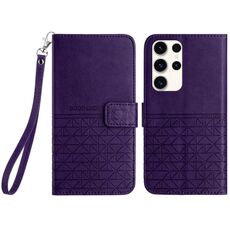 Custodia per telefono in pelle con trama rombica per Samsung Galaxy S22 Ultra 5G con cordino (viola)