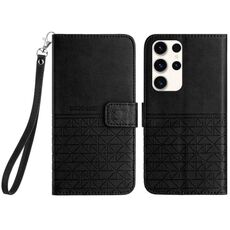 Custodia per telefono in pelle con trama rombica per Samsung Galaxy S22 Ultra 5G con cordino (nero)