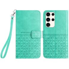 Custodia per telefono in pelle con texture rombica per Samsung Galaxy S22 Ultra 5G con cordino (verde)