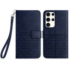 Custodia per telefono in pelle con texture rombica per Samsung Galaxy S22 Ultra 5G con cordino (blu)