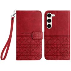 Custodia per telefono in pelle con trama rombica per Samsung Galaxy S23 5G con cordino (rosso)
