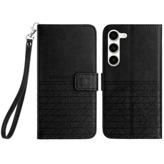 Custodia per telefono in pelle con trama rombica per Samsung Galaxy S23 5G con cordino (nero)