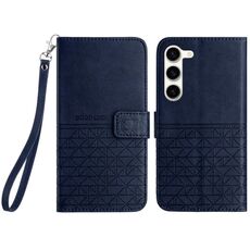 Custodia per telefono in pelle con trama rombica per Samsung Galaxy S23 5G con cordino (blu)