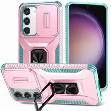 Per Samsung Galaxy S23 5G Custodia per telefono con supporto scorrevole Camshield (rosa + grigio verde)