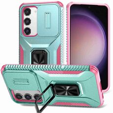 Custodia per telefono con supporto scorrevole Camshield per Samsung Galaxy S23 5G (grigio verde + rosa)