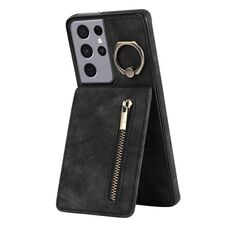 Per Samsung Galaxy S21 Ultra 5G Custodia per cellulare con anello retrò e cerniera RFID (nero)