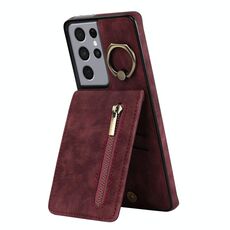 Per Samsung Galaxy S21 Ultra 5G Custodia per cellulare con anello retrò e cerniera RFID (vino rosso)