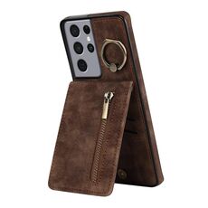 Per Samsung Galaxy S21 Ultra 5G Custodia per cellulare con anello retrò e cerniera RFID (marrone)