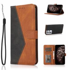 Per Samsung Galaxy S21 Ultra 5G Custodia in pelle con cuciture a due colori (nero marrone)