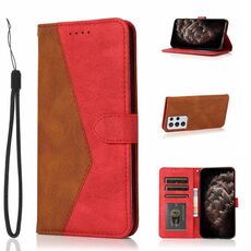 Per Samsung Galaxy S21 Ultra 5G Custodia in pelle con cuciture bicolore (marrone rosso)