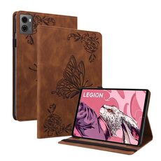 Custodia per tablet in pelle goffrata con fiori di farfalla per Lenovo Legion Y700 2023 (marrone)