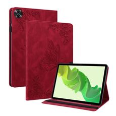 Custodia per tablet in pelle goffrata con fiori di farfalla per Realme Pad 2 (rossa)