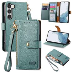 Custodia per telefono in pelle con cordino e cerniera Love per Samsung Galaxy S23 5G (verde)