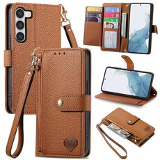 Per Samsung Galaxy S23 5G Love Custodia in pelle con cordino e cerniera (marrone)