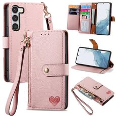 Per Samsung Galaxy S23 5G Love Custodia in pelle con cordino e cerniera (rosa)