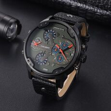 CAGARNY 6820 Orologio al quarzo da uomo con cinturino in pelle verde doppio movimento (nero)