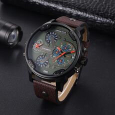 CAGARNY 6820 Orologio al quarzo da uomo con cinturino in pelle verde doppio movimento (marrone)
