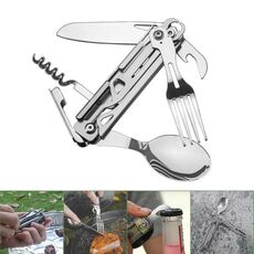 Stoviglie pieghevoli 6 in 1 (forchetta/coltello/cucchiaio/apribottiglie) per campeggio e sopravvivenza (Argento)