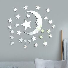 29 pezzi/set adesivi murali a specchio stereoscopico con stelle e luna in acrilico, decorazione autoadesiva per parete di fondo per camera da letto (argento)
