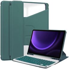 Per Samsung Galaxy Tab S9 FE Custodia in pelle trasparente con rotazione a 360° e tastiera (verde scuro)