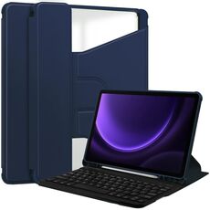 Per Samsung Galaxy Tab S9 FE Custodia in pelle trasparente con rotazione a 360° e tastiera (blu scuro)