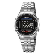 SKMEI 1882 Orologio da polso digitale multifunzionale da uomo 30M impermeabile luminoso in acciaio inossidabile (argento nero)