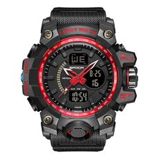 SANDA 3132 Orologio sportivo luminoso impermeabile multifunzionale da uomo (nero rosso)