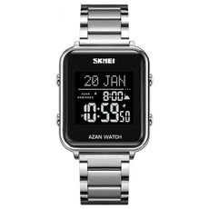 SKMEI 2064 Orologio da polso digitale luminoso con bussola per culto musulmano multifunzionale (argento + nero)
