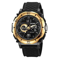 SKMEI 2098 Orologio da polso digitale multifunzionale da uomo con termometro impermeabile 50M e doppio display (oro + nero)
