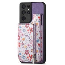 Per Samsung Galaxy S21 Ultra 5G Custodia per telefono con retro con cerniera verniciata retrò (viola)