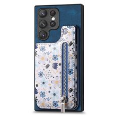 Custodia per telefono posteriore con cerniera verniciata retrò per Samsung Galaxy S22 Ultra 5G (blu)