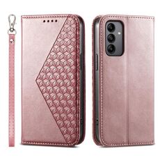 Custodia per telefono in pelle magnetica con texture di vitello a griglia cubica per Samsung Galaxy A05s (oro rosa)
